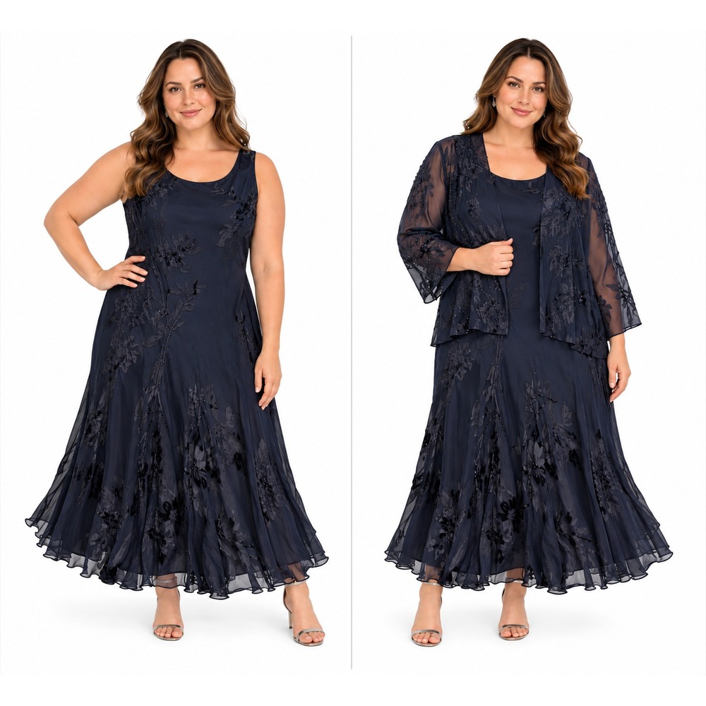 Alex Evenings 18W Navy Blue Silk Beaded 2pc Maxi Dress Jacket Formal Gown